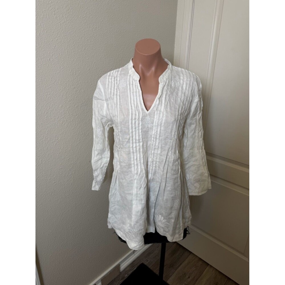 Charter Club Linen White Embroidered V-Neck Tunic Top Sz M